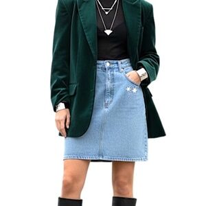 Vintage 80s 90s rigid cotton denim high waist embroidered western jean skirt